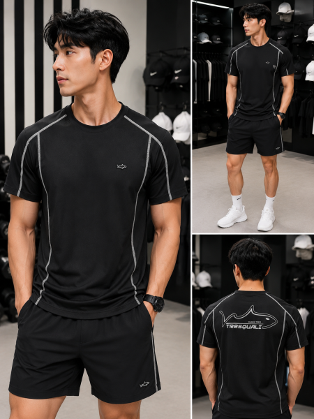 Mens Piping Tee & Shorts BLACK   .